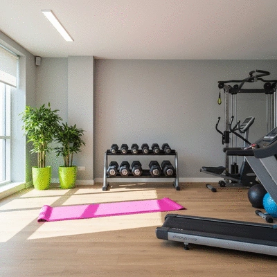 Modern home gym with various equipment, natural light, no text, no words, no typography