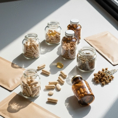 Assortment of natural health supplements and botanicals on a clean background