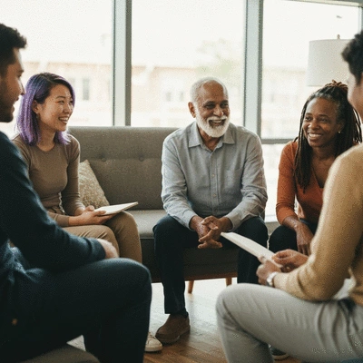 Diverse group of people attending a plant-based support group meeting, smiling and interacting