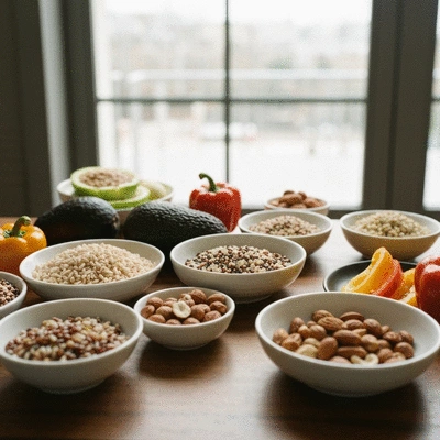Assortment of fresh, healthy foods like lean protein, whole grains, colorful vegetables, and healthy fats on a kitchen counter