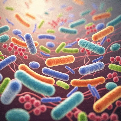 Microorganisms in a healthy gut environment, illustrating the balance of bacteria