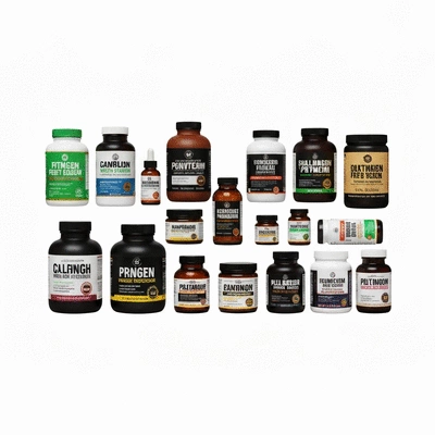 Various fitness supplements lined up on a clean white background