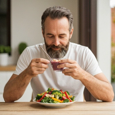 Person enjoying a meal rich in probiotics and prebiotics, like a colorful salad or smoothie