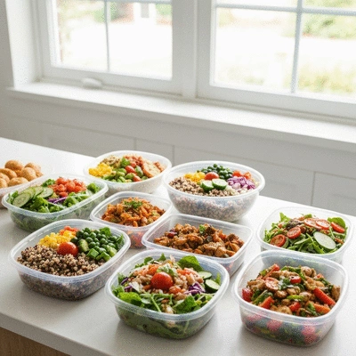 Variety of healthy meal prep containers on a kitchen counter