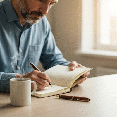 Person journaling or writing in a notebook with a cup of coffee in the morning