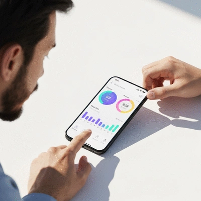 Person using a wellness tracking app on a smartphone, showing health metrics and progress