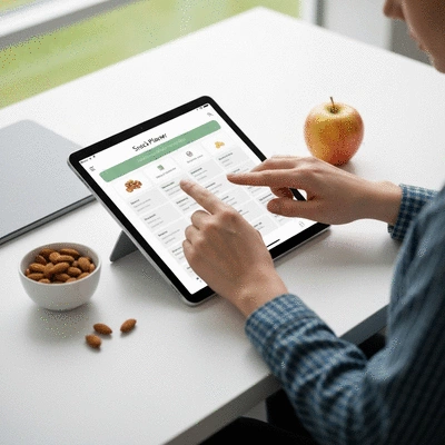 Person using a digital snack planner on a tablet with healthy snacks around