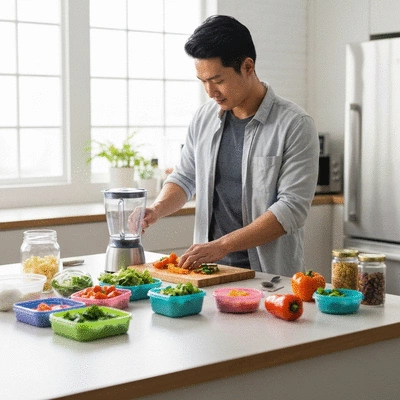 Busy adult preparing healthy meal in a modern kitchen