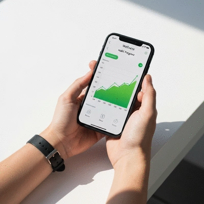 Hands holding a smartphone displaying a wellness app with a graph showing habit progress