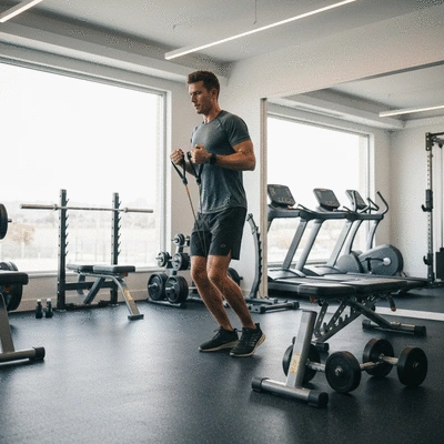 Person using resistance bands in a modern home gym, no text, no words, no typography