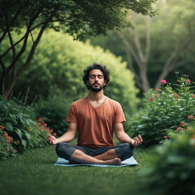 Person meditating in a calm, natural setting