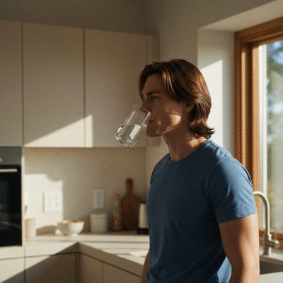 Person drinking a glass of water in the morning sun