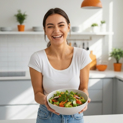 Healthy woman smiling and holding a bowl of fresh salad, vibrant and clean kitchen background