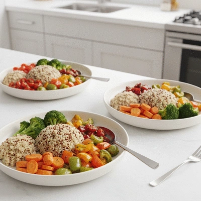 Hearty grain bowls with roasted vegetables and flavorful dressing
