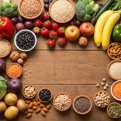 Assortment of fresh fruits, vegetables, whole grains, legumes, nuts, and seeds on a rustic wooden table, overhead shot